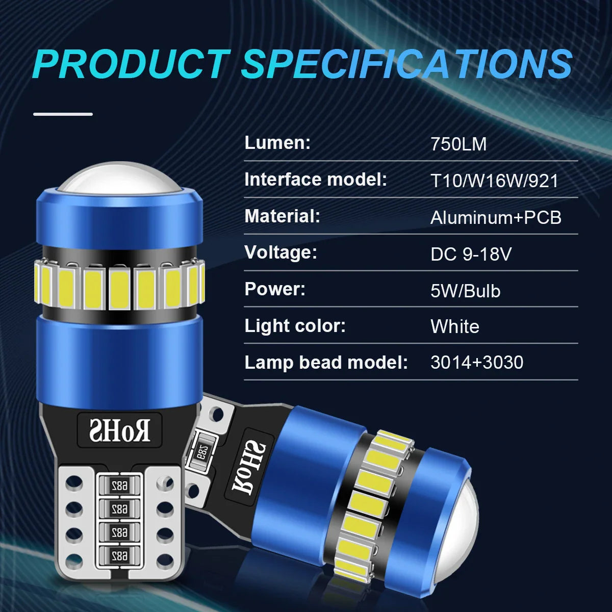 Specifications sheet for T10 car interior LED light bulb