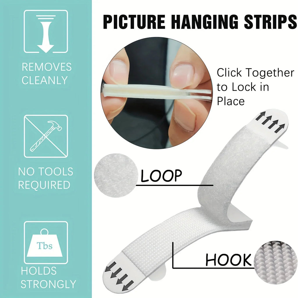 Diagram demonstrating how picture hanging strips lock together and provide wall mounting without tools.