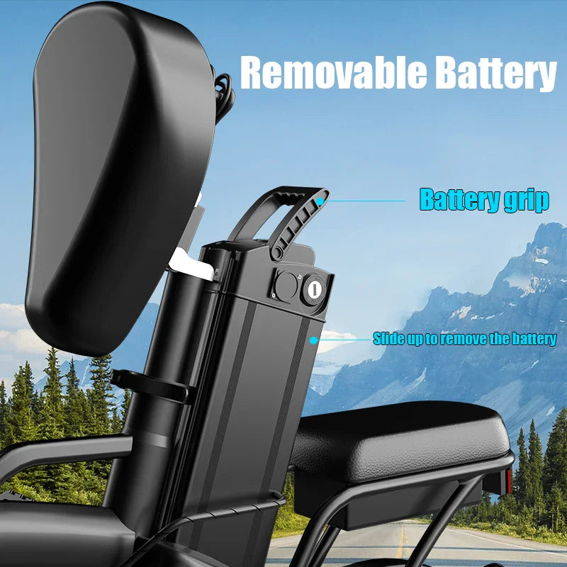 Close up of black electric bike frame showing removable battery grip