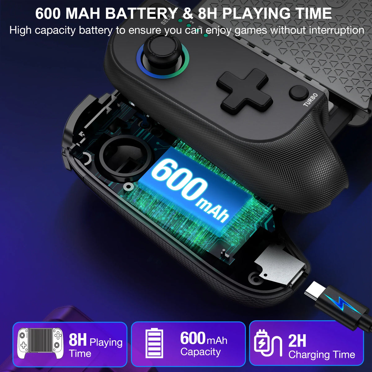Close-up of a smartphone controller interior highlighting a 600mAh battery and charging specifications.
