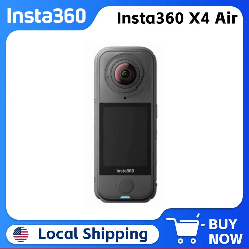 Grey 360-degree action camera with dual lenses and a digital display screen