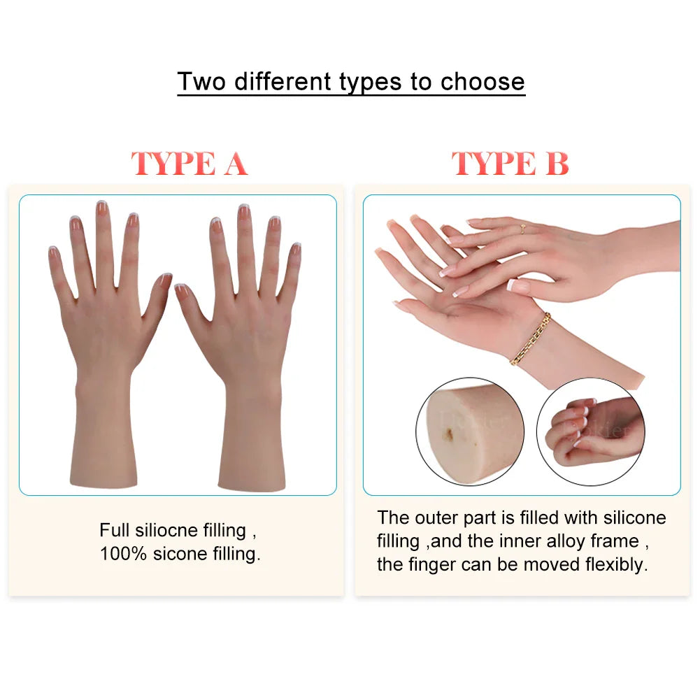 Two types of realistic silicone female mannequin hands for jewelry display.