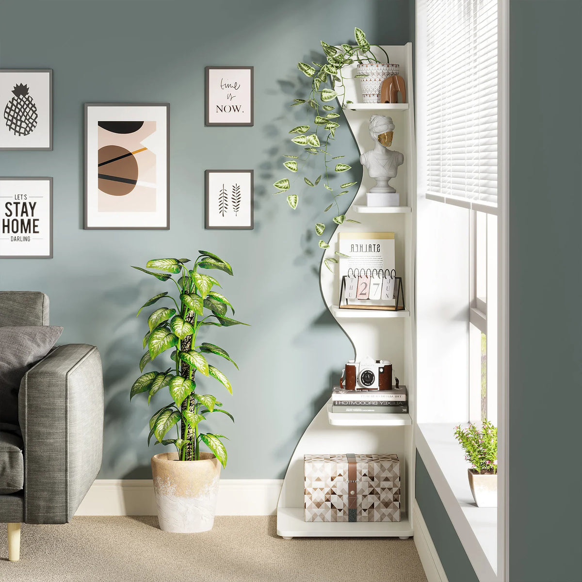 Decorative white 5-tier wavy corner bookshelf with potted plants and home decor items