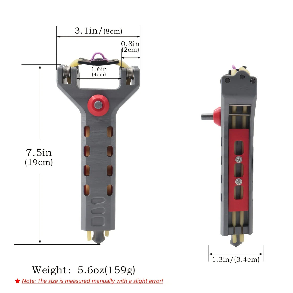 Handheld slingshot with size dimensions and weight specifications labeled