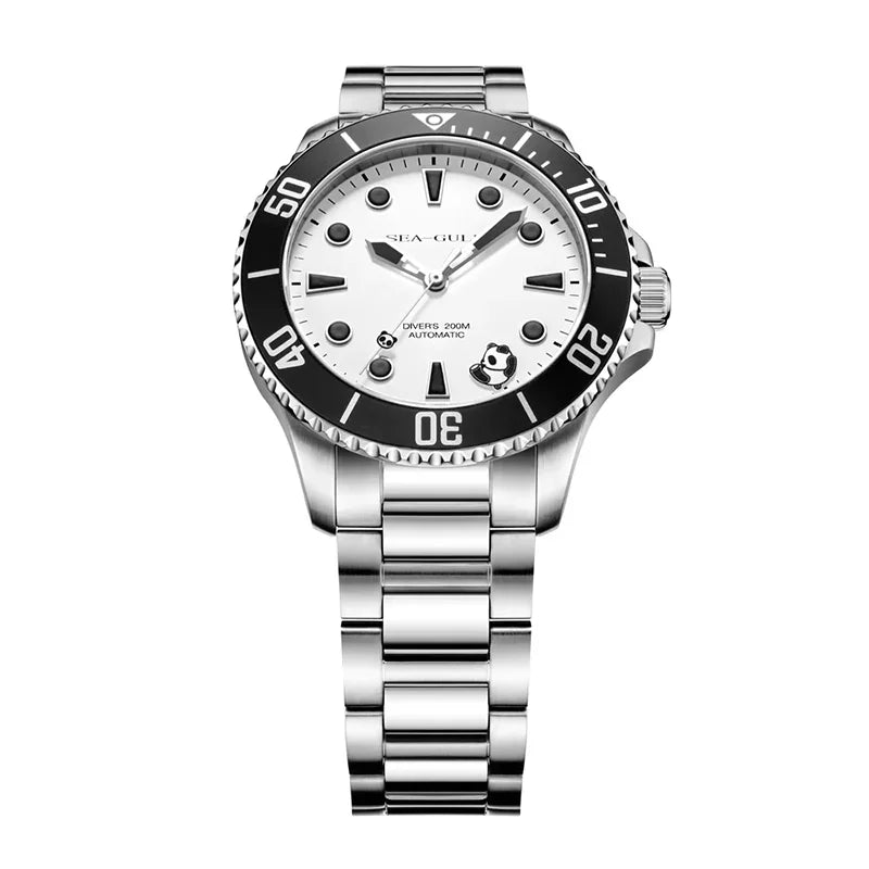 Men's silver-tone stainless steel diver watch with white panda dial, black rotating bezel and metal link bracelet.