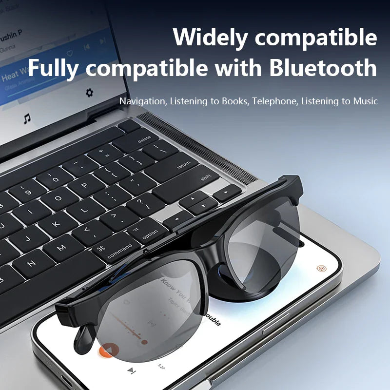 Smart glasses on top of a laptop and smartphone