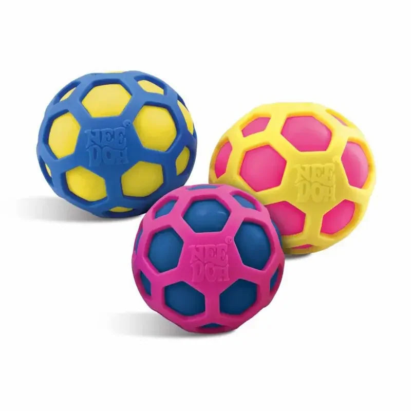 Three spherical fidget toys with yellow and blue/pink lattice patterns