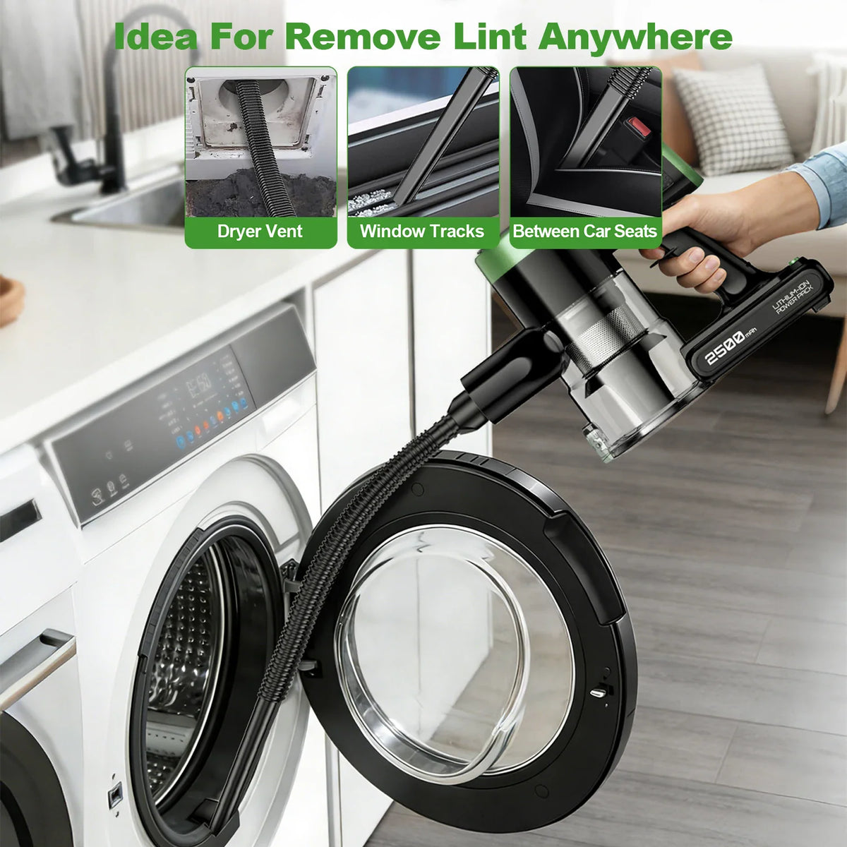 Handheld stick vacuum cleaner being used with different attachments to clean dryer vents and car seats.