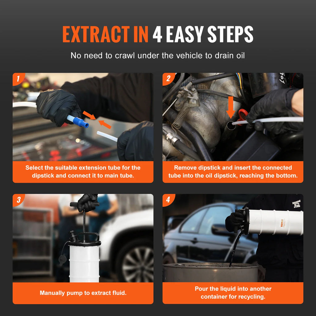 Four step guide on how to perform an oil change using a manual fluid extractor pump