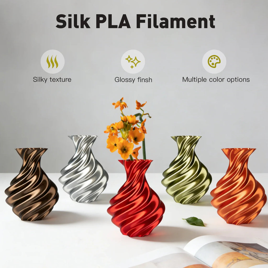 Five small spiral shaped vases in different colors on a white surface