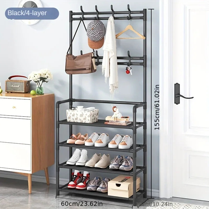 Black 4-tier metal floor standing coat rack and shoe storage shelf with multiple hooks