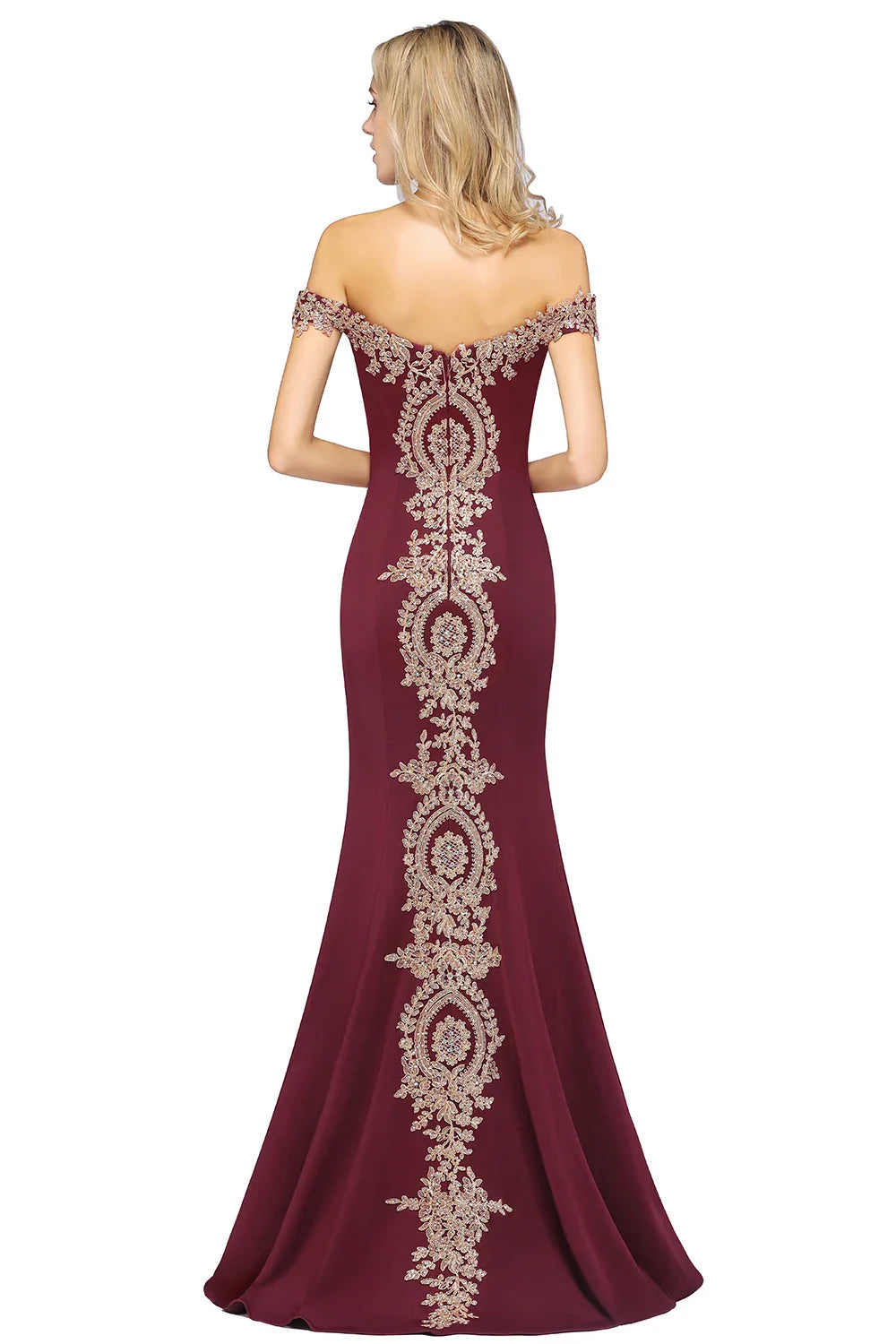Back view of a burgundy mermaid gown with gold lace detailing along the spine