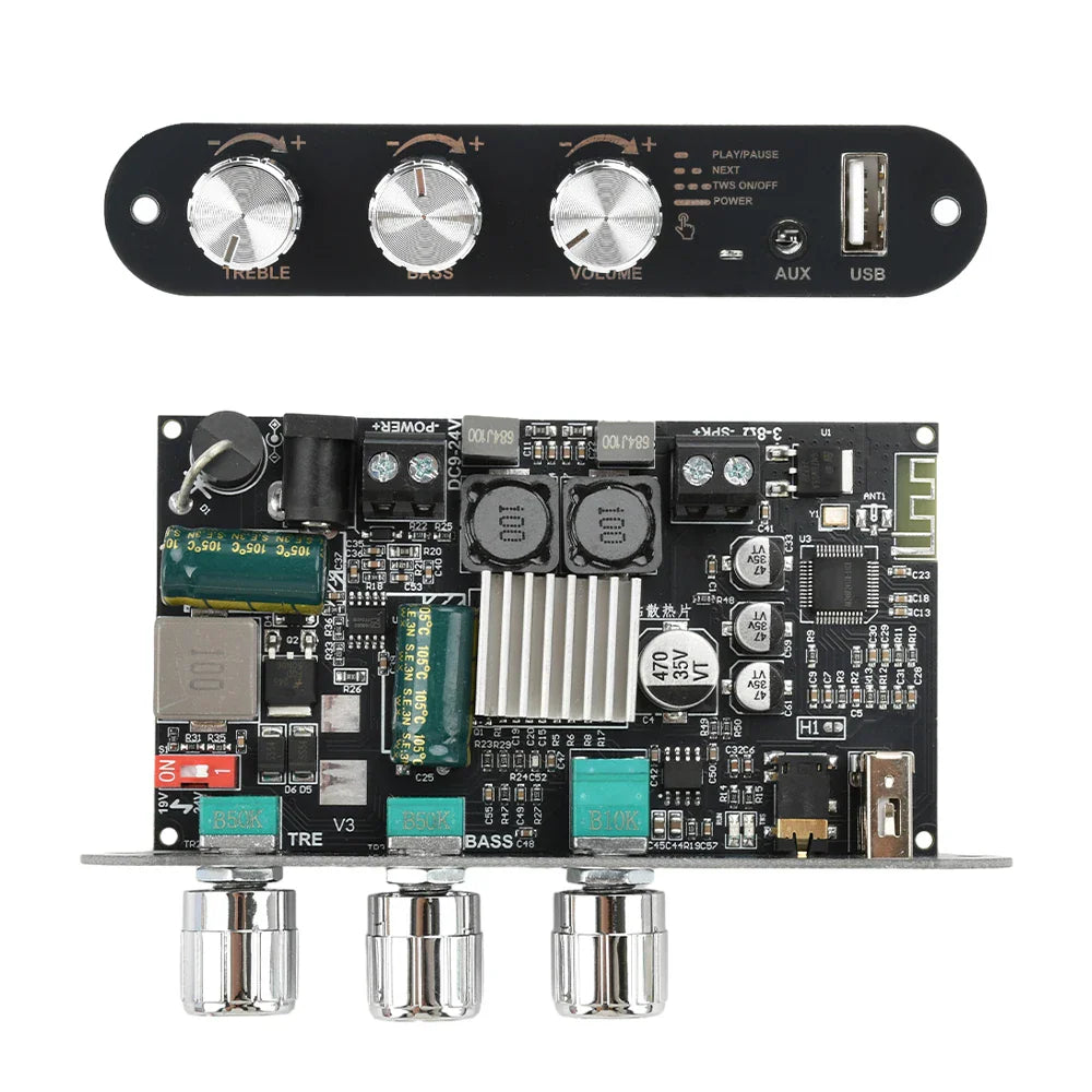 Front and back view of the mono Bluetooth amplifier module circuit board with three metal control knobs.