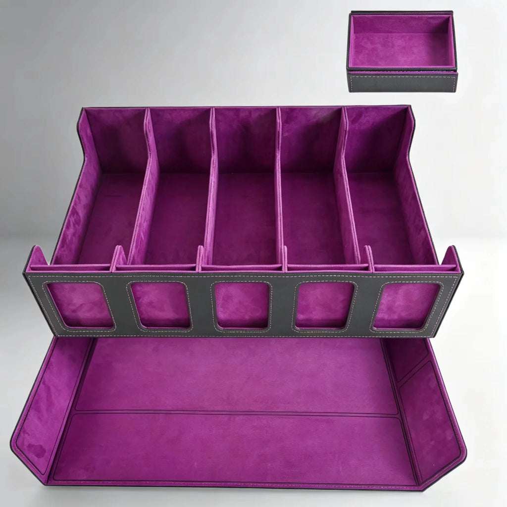 Top view of a purple and black 5-row trading card storage box with its lid removed and a separate dice tray.