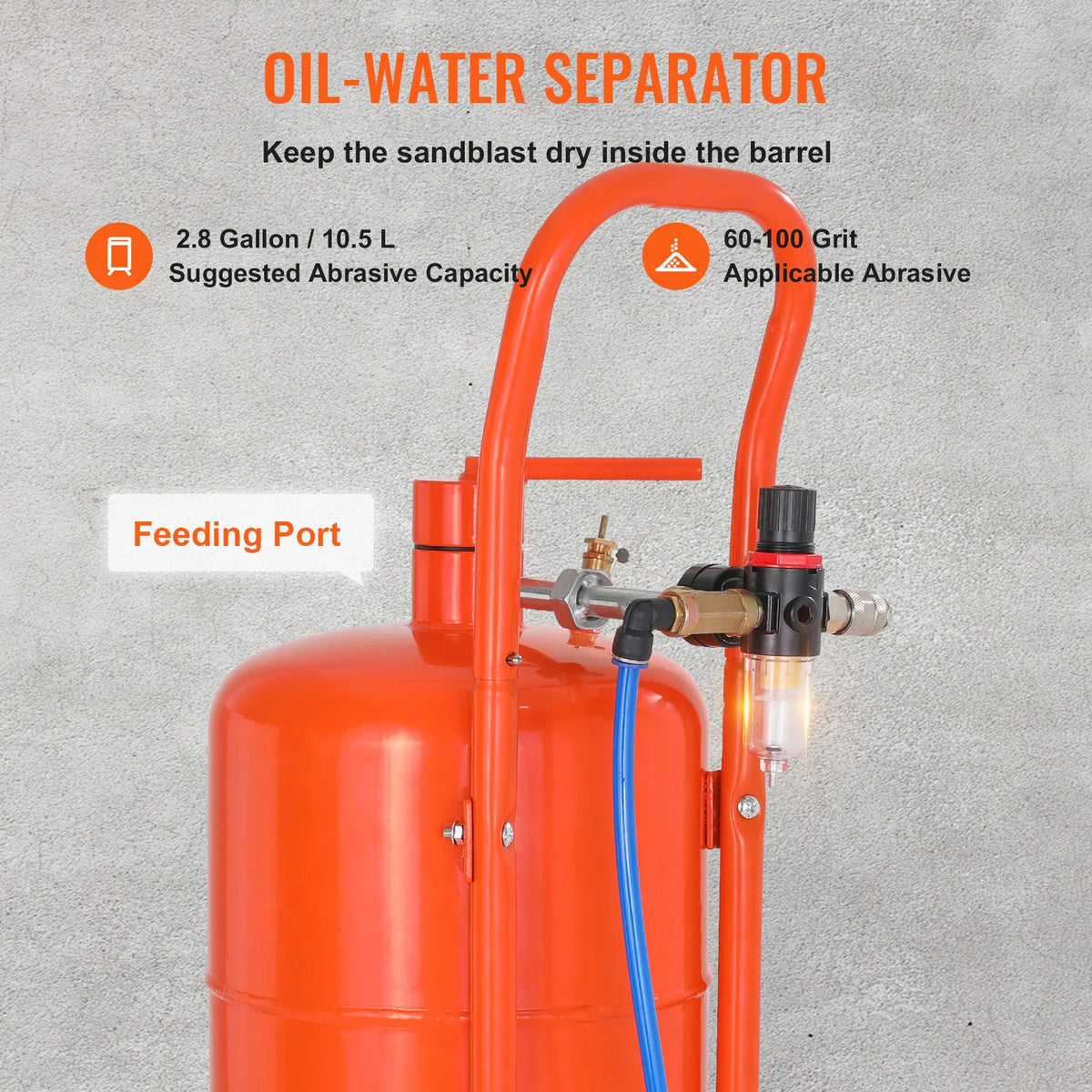 Sandblaster tank feature focus on oil-water separator, capacity, and grit information