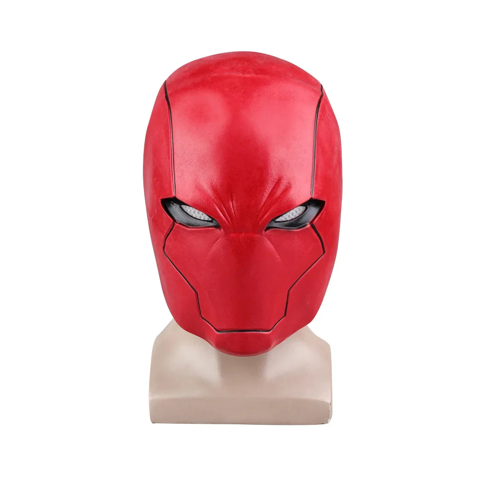 Front view of a red superhero cosplay helmet mask on a mannequin head