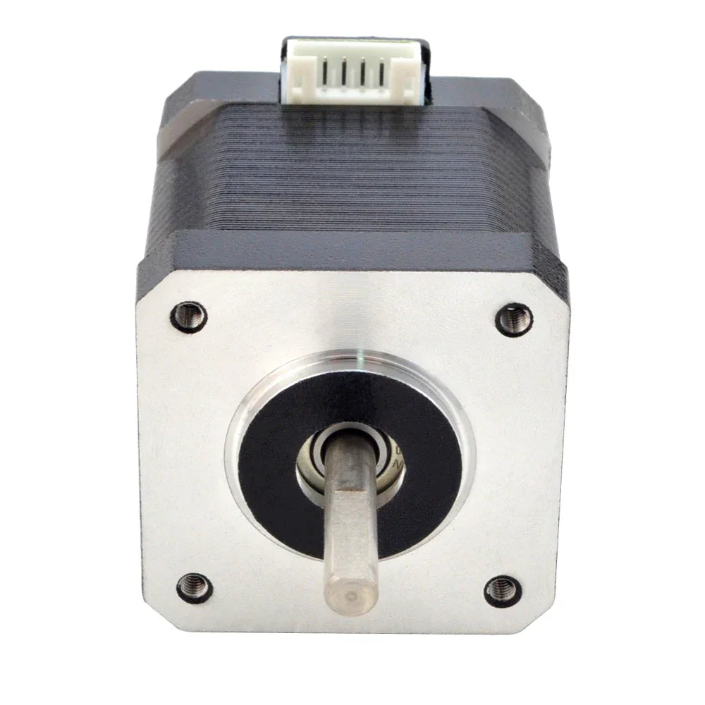 Front view of a Nema 17 stepper motor with a centered metal drive shaft and a top electrical connector