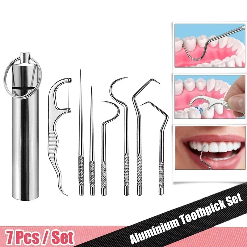 Set of stainless steel metal toothpicks and dental floss picks with a portable keychain storage container.