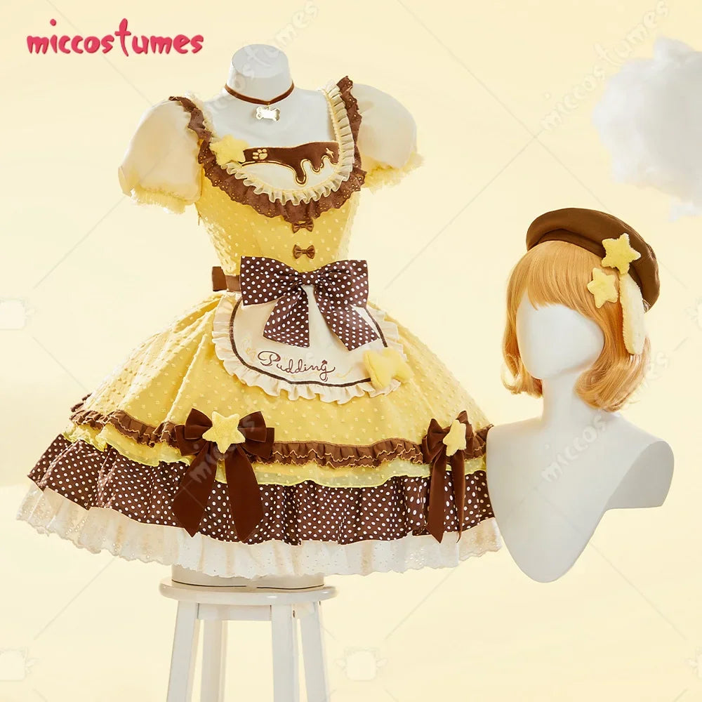 Pudding-themed Lolita dress set with matching beret on a mannequin