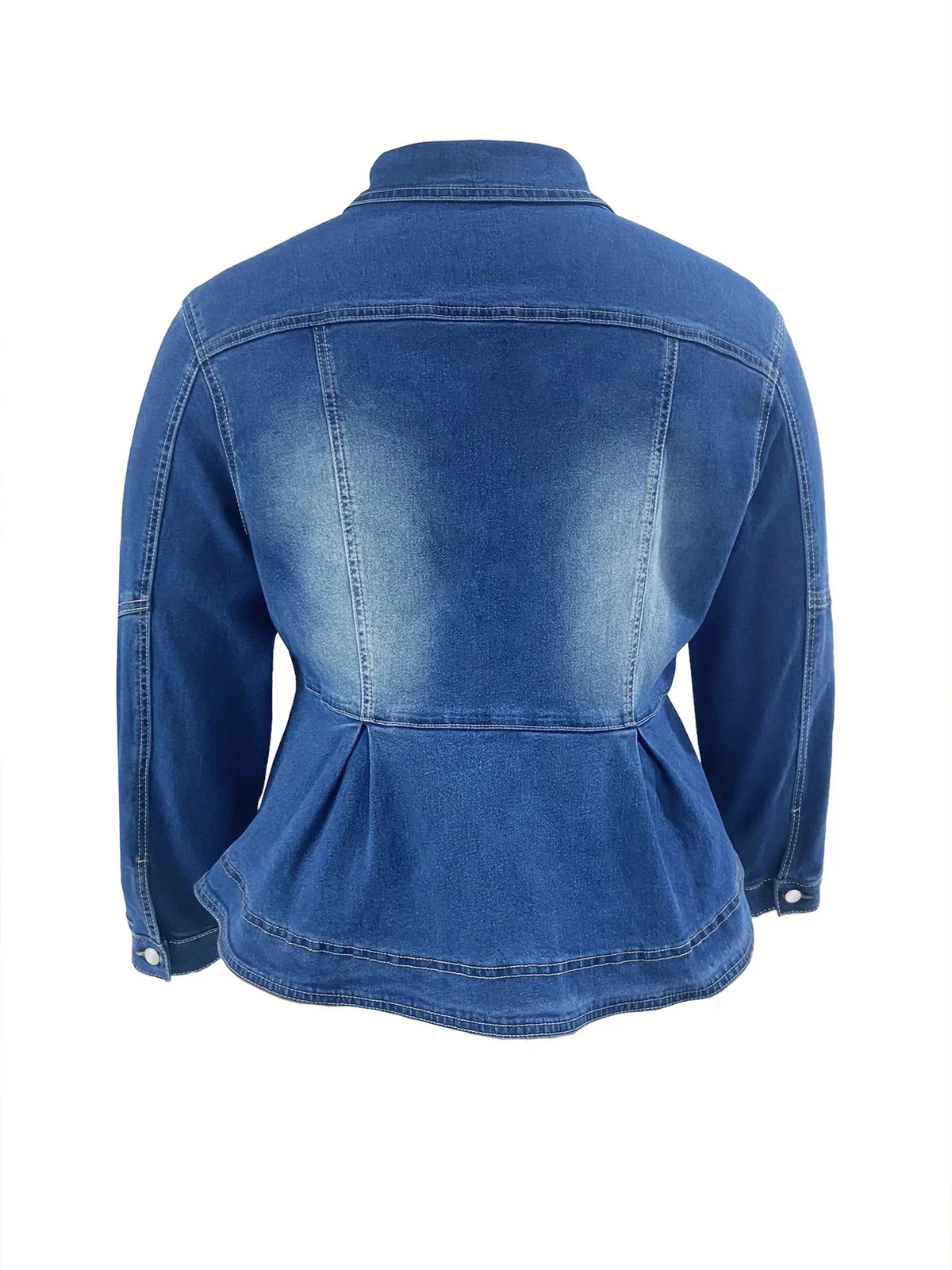 Back view of a blue denim jacket with a peplum hem and washed effect.