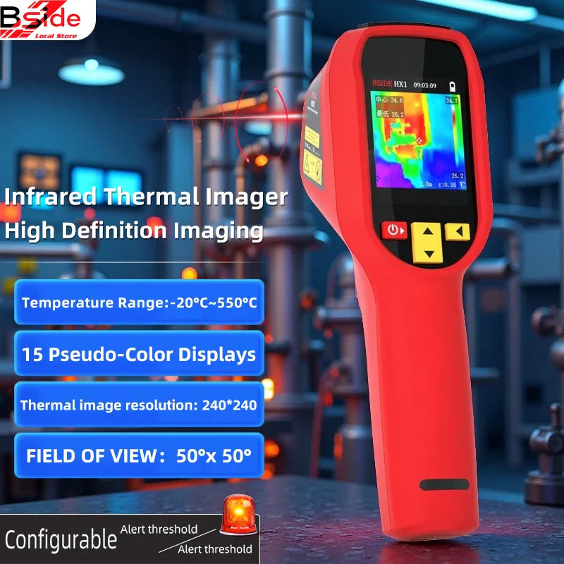 Handheld red infrared thermal imaging camera displaying temperature readings in an industrial setting.