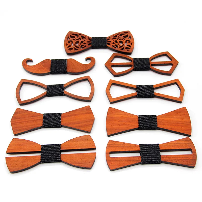 Assortment of wooden bow ties in different styles and shapes