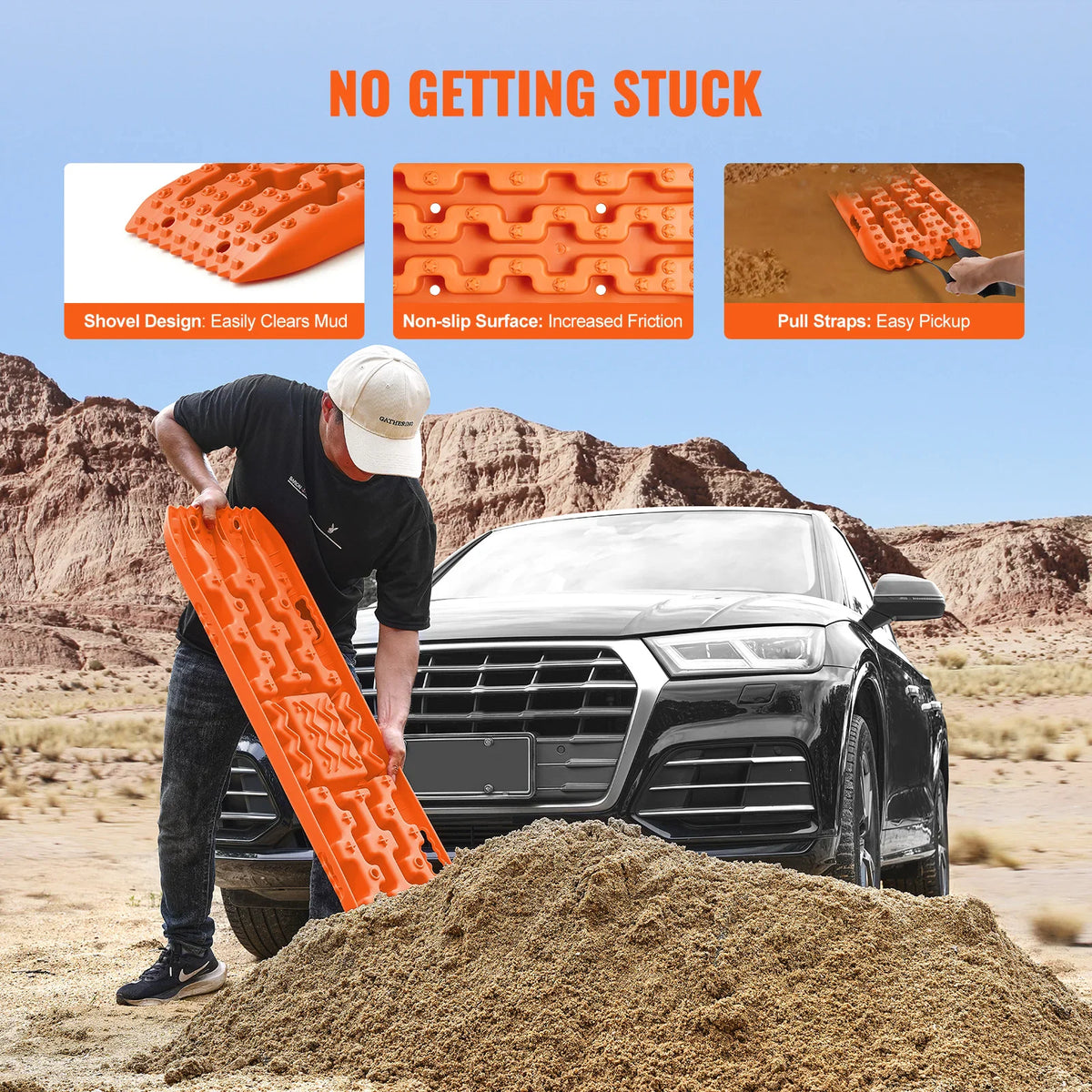 A person holding an orange traction board next to a vehicle, highlighting shovel design, non-slip surface and pull straps.