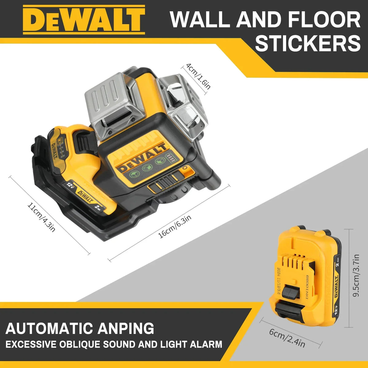 A 12V cordless green line laser level with dimensional markings showing height and width.