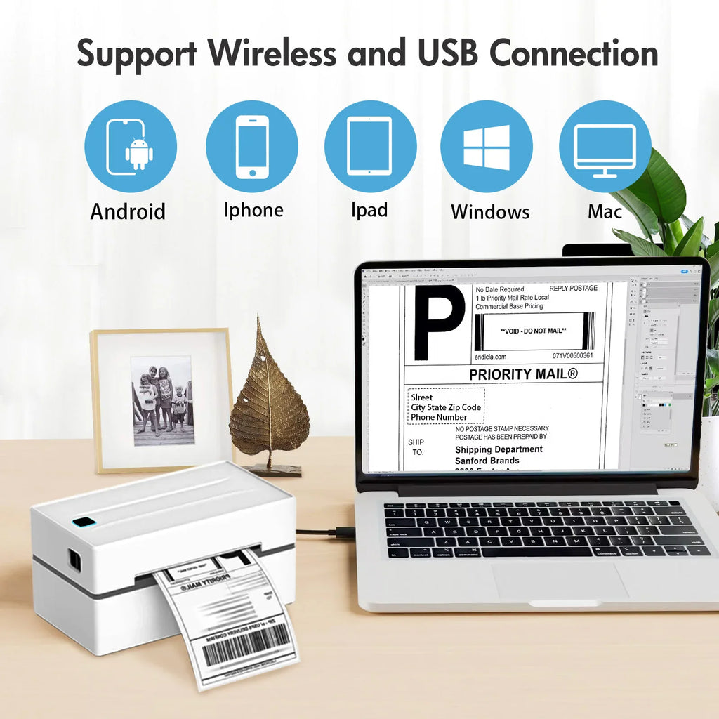 A thermal label printer connected to a laptop with compatibility icons for various devices