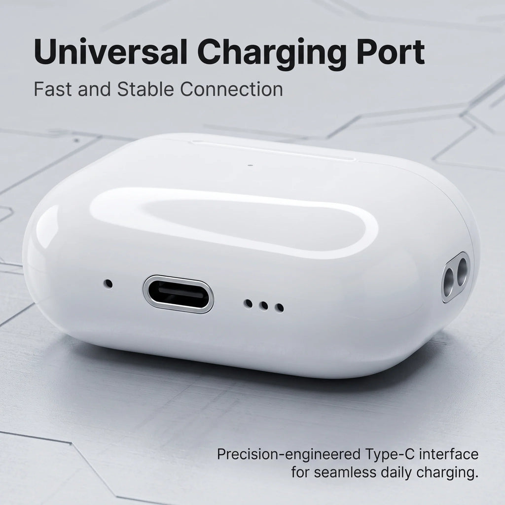 White wireless earbud charging case with USB-C port