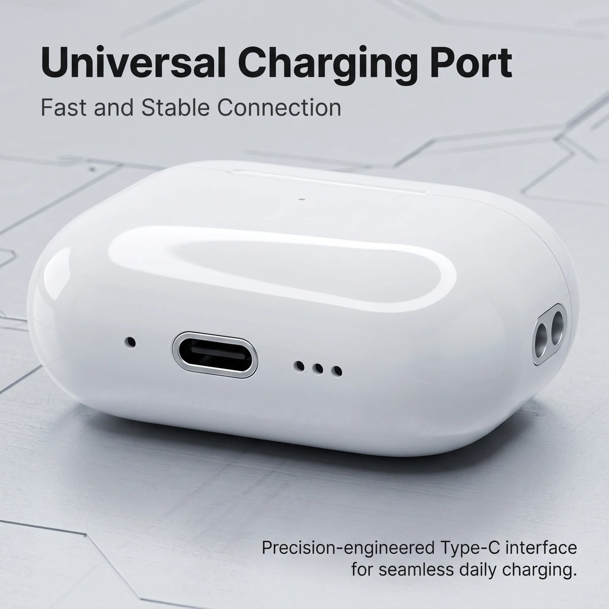 White wireless earbud charging case with USB-C port