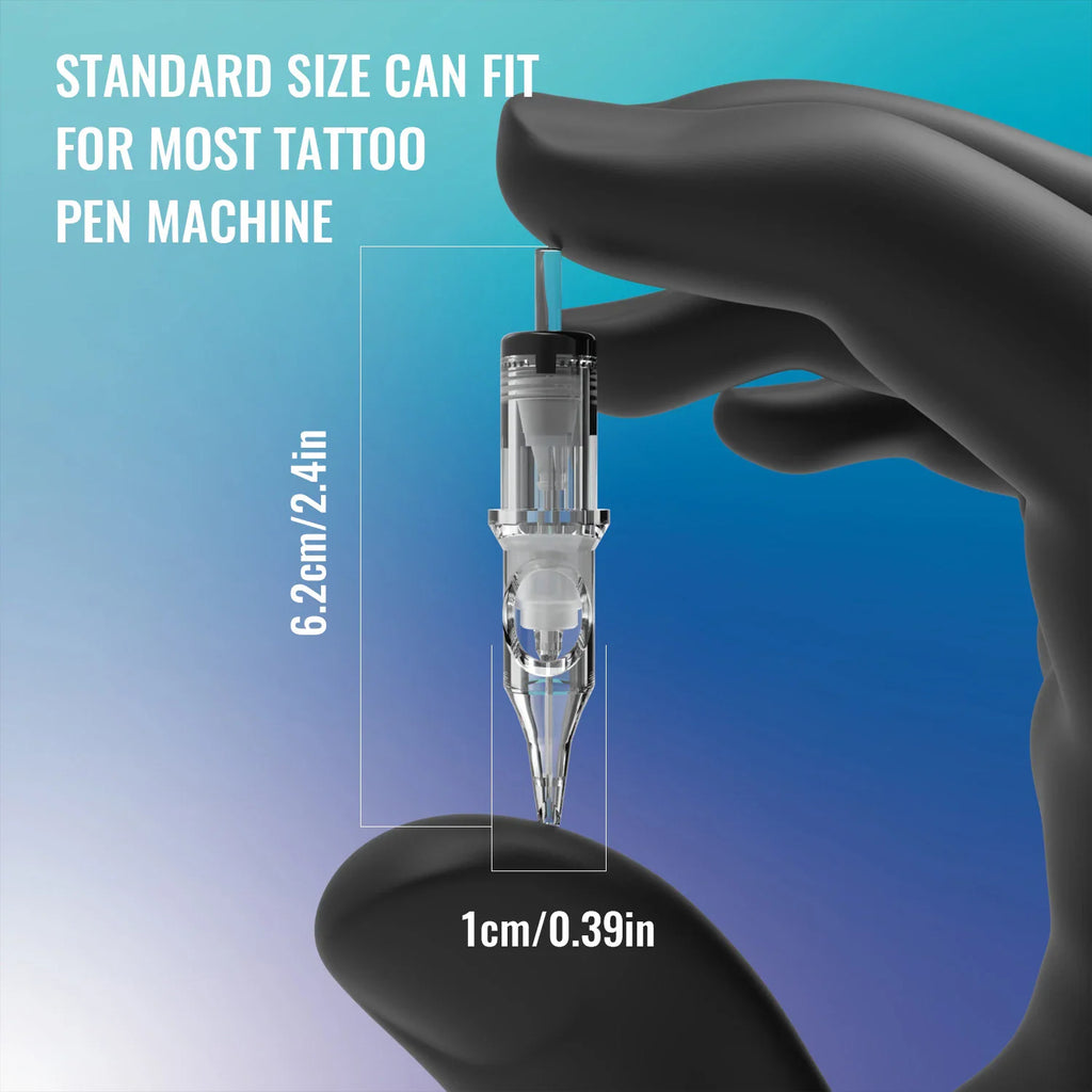 Hand holding a tattoo needle cartridge showing size dimensions.