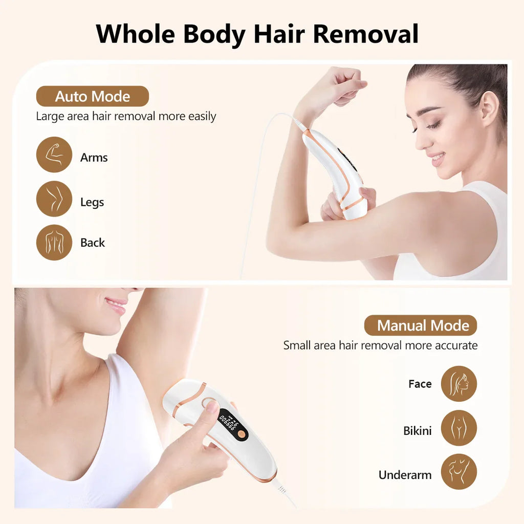 IPL laser hair removal device with auto and manual modes for different body areas.
