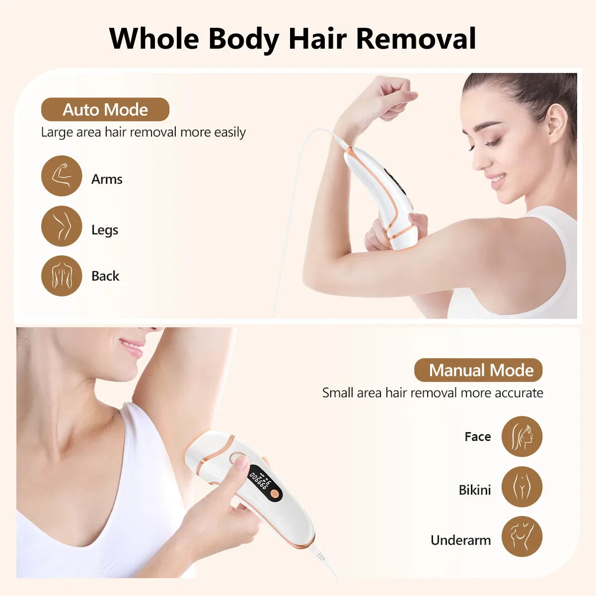 IPL laser hair removal device with auto and manual modes for different body areas.