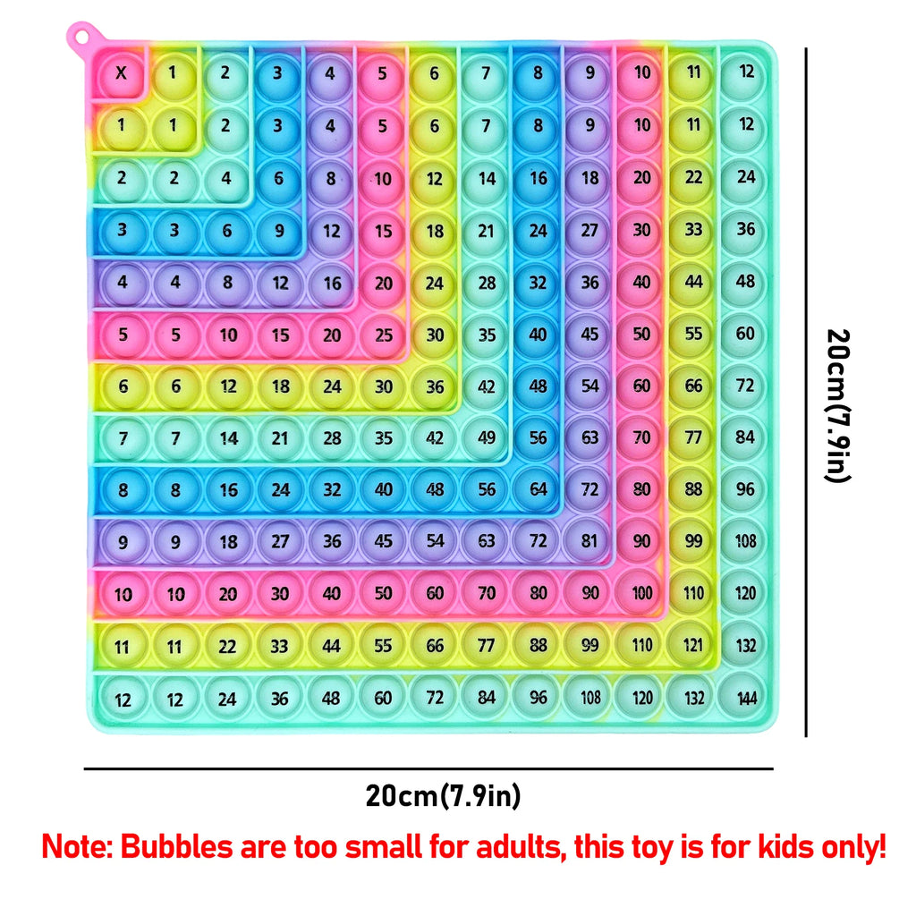 Rainbow colored 12x12 silicone multiplication board game with size dimensions