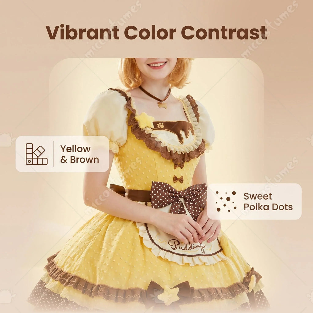 Close-up of a person wearing a pudding-themed Lolita dress showing color contrast