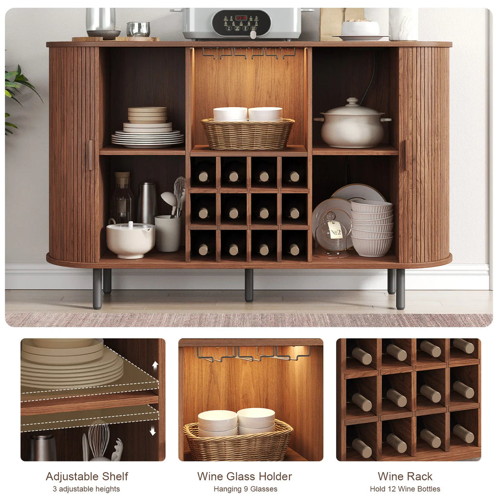 Detailed views of the interior cabinet showing adjustable shelves, wine glass holder, and twelve-slot wine rack.