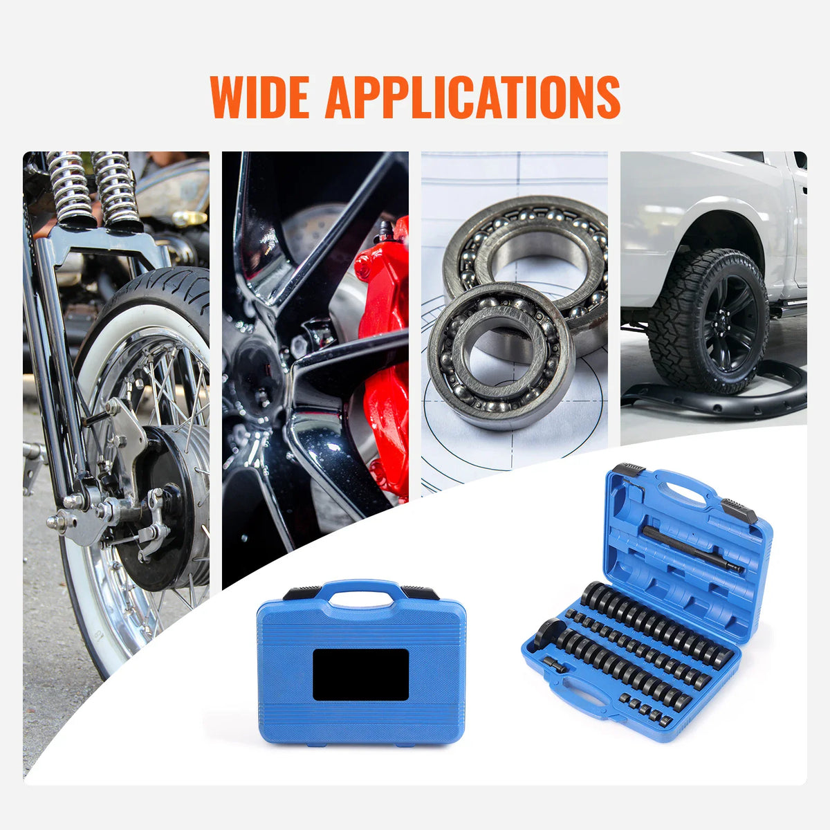 Collage of different automotive and motorcycle bearing maintenance applications using a driver tool set