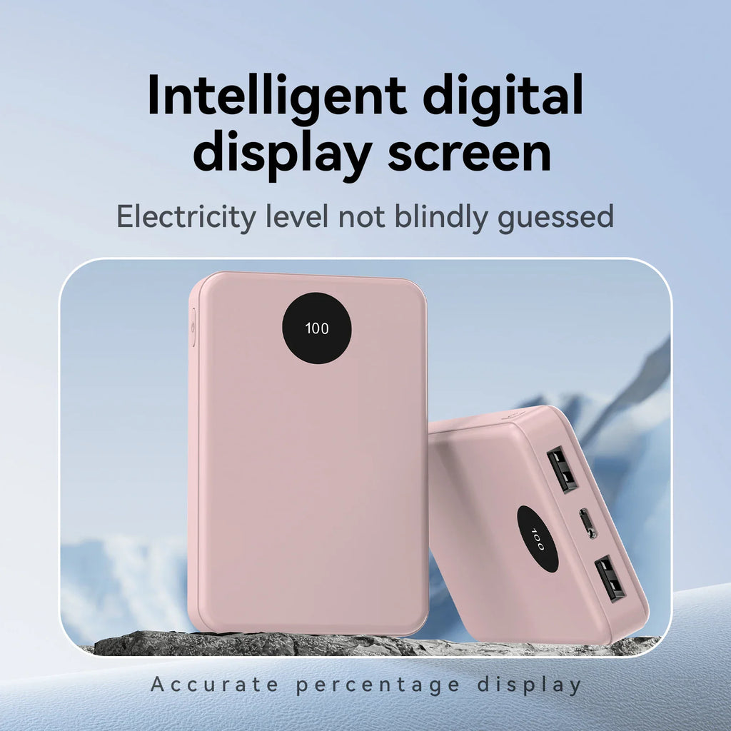 Two pink portable power banks displaying battery percentage on a digital screen.