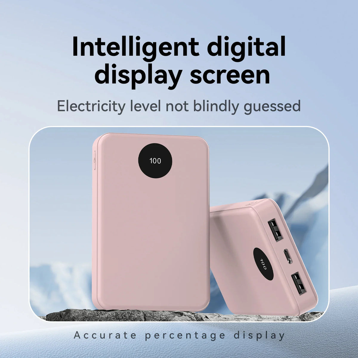 Two pink portable power banks displaying battery percentage on a digital screen.