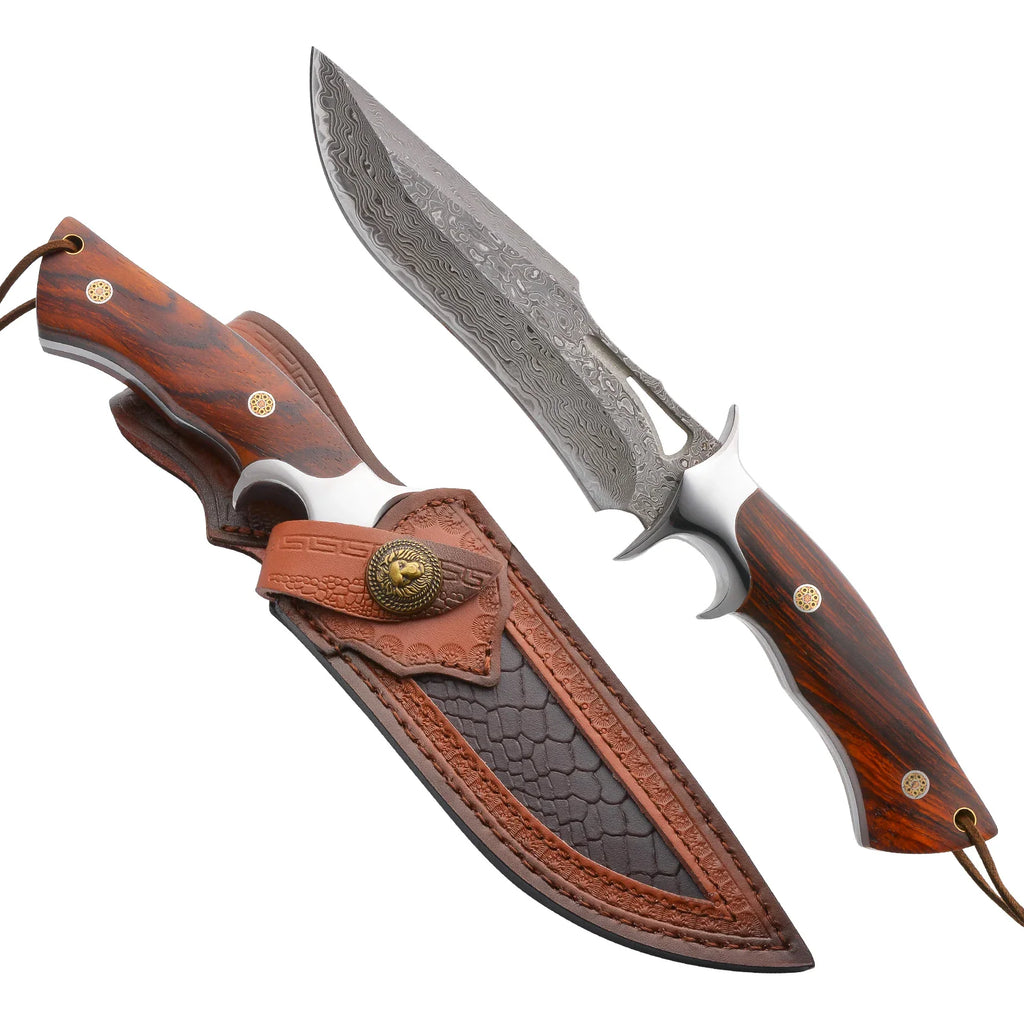 Damascus steel fixed blade knife with leather sheath