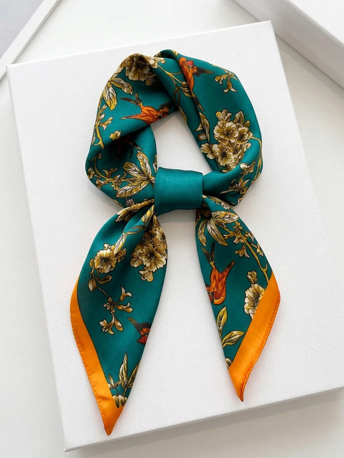 Green silk square scarf with floral and bird print and orange border