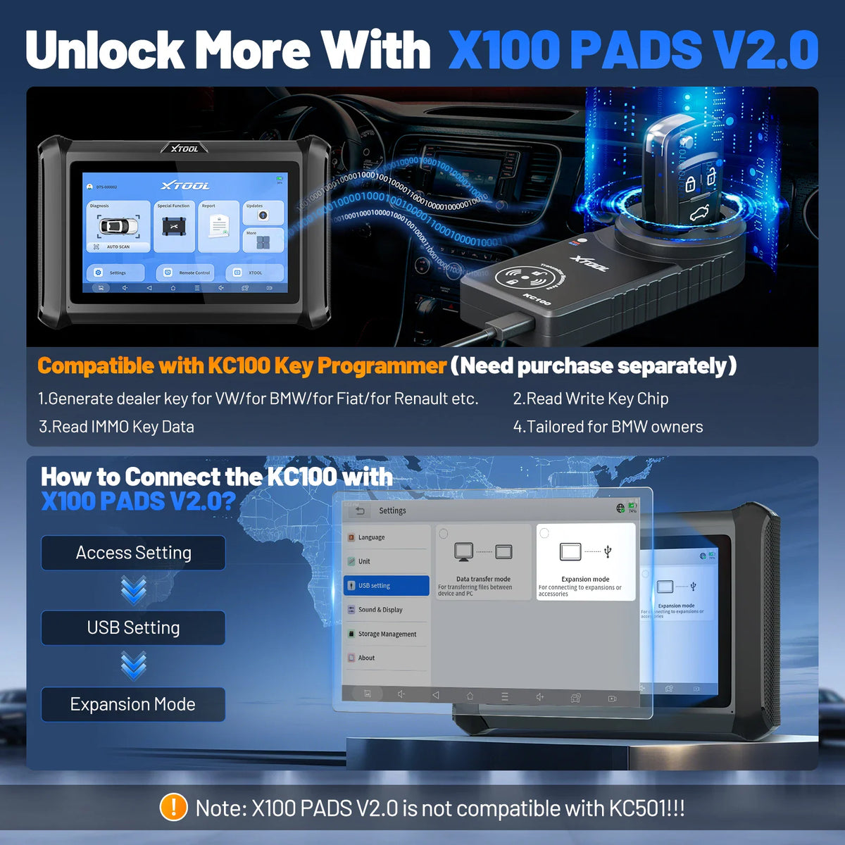Automotive tablet showing connection interface for key programmer accessory