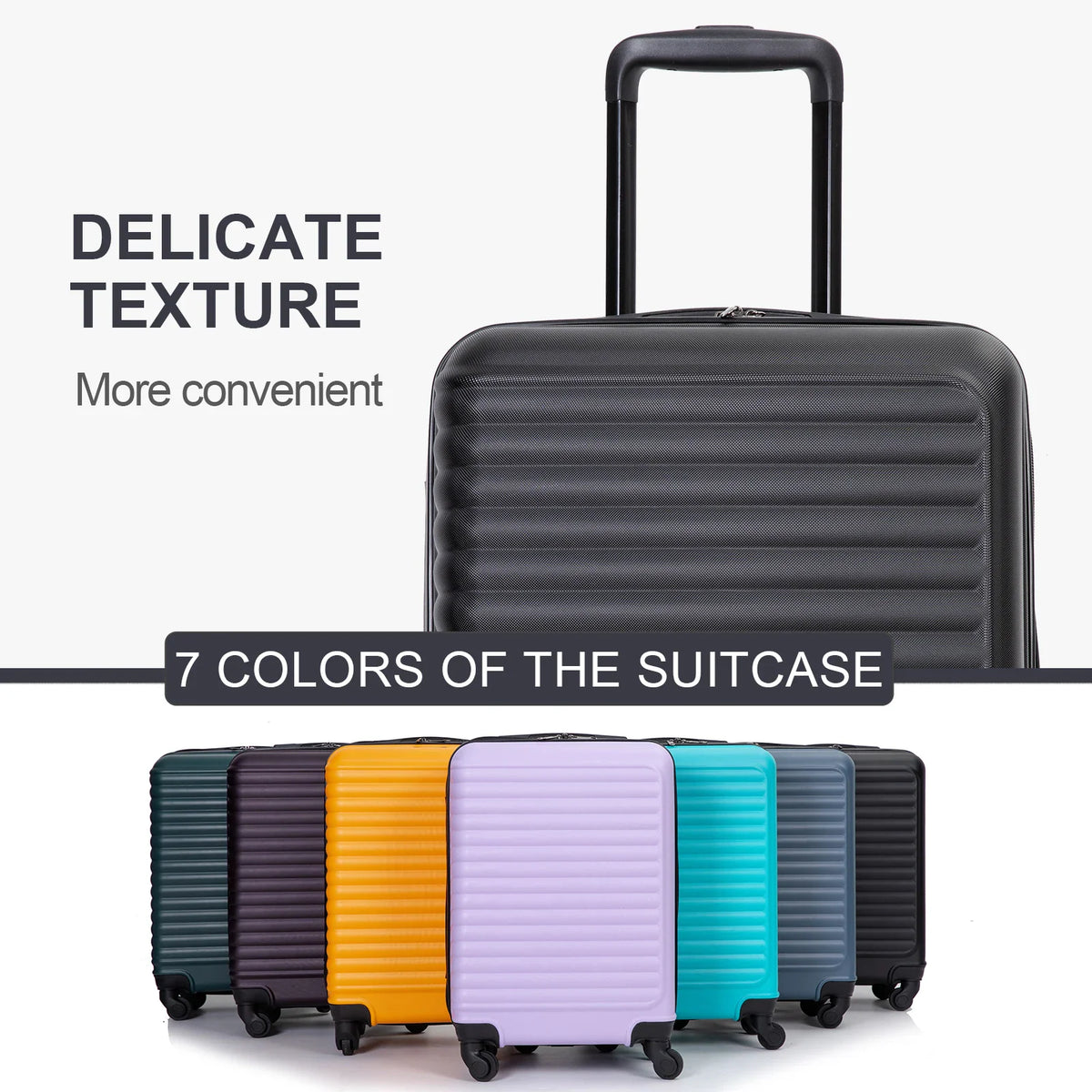Selection of seven different colors of 20-inch hardshell carry-on travel suitcases
