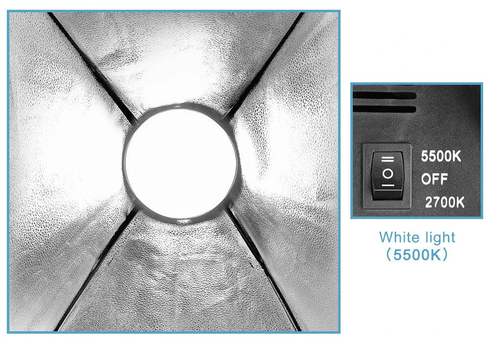 Close-up of a softbox interior and a power switch showing 5500K and 2700K settings.
