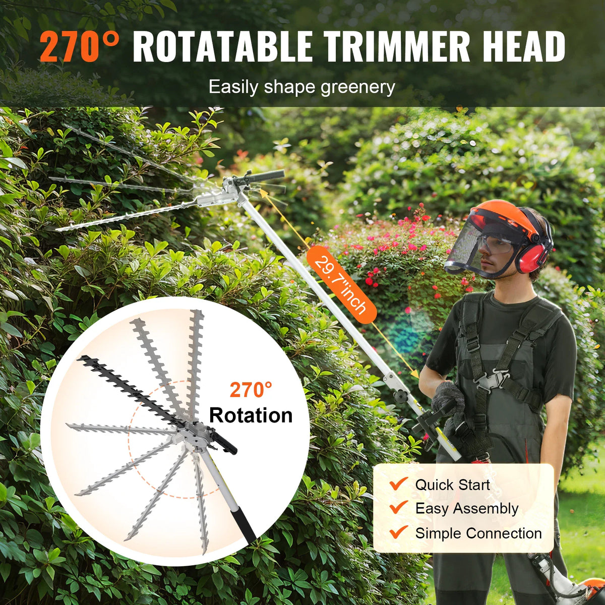 Demonstration of the 270 degree rotating trimmer head on a pole tool