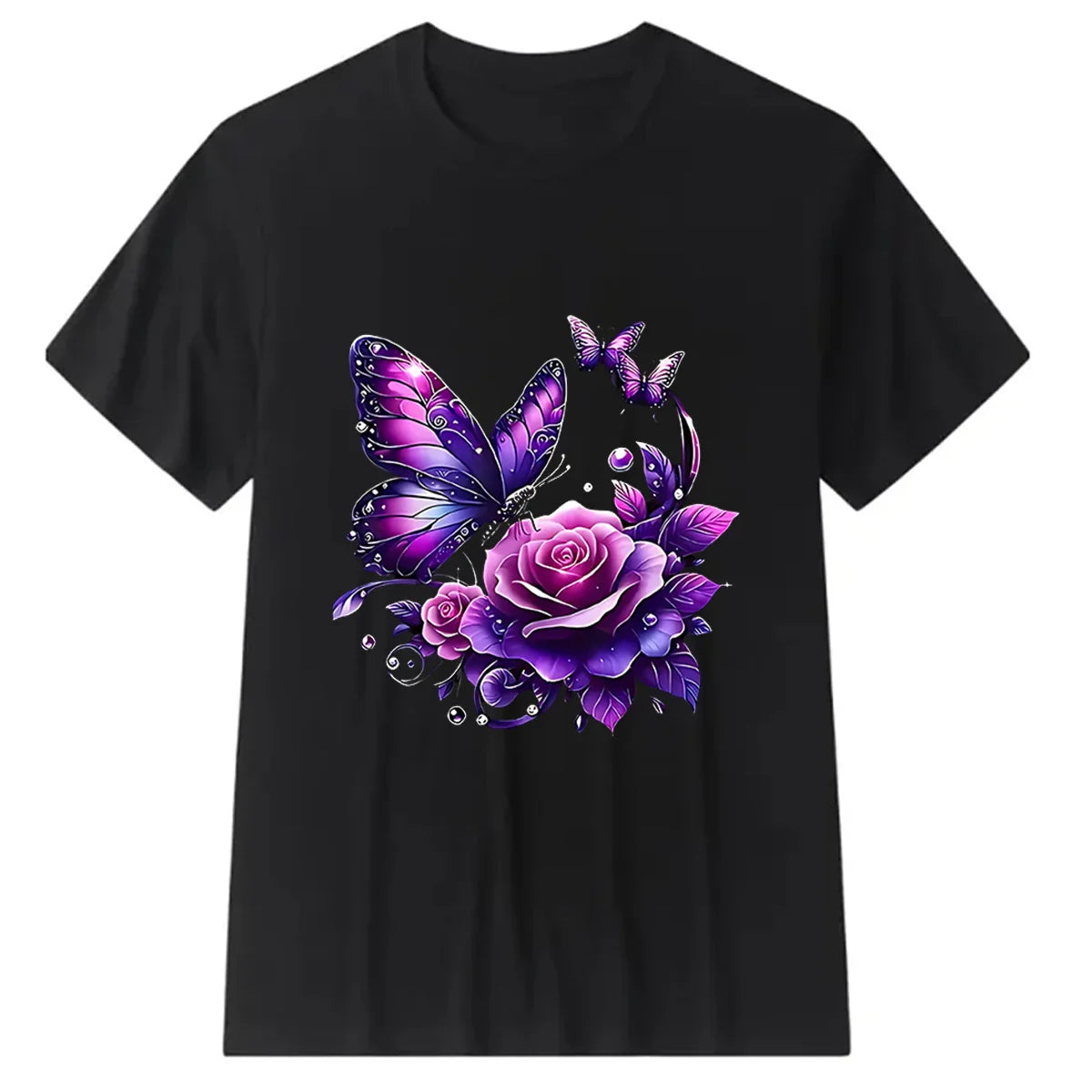 Black short-sleeve t-shirt with a purple butterfly and rose floral print design
