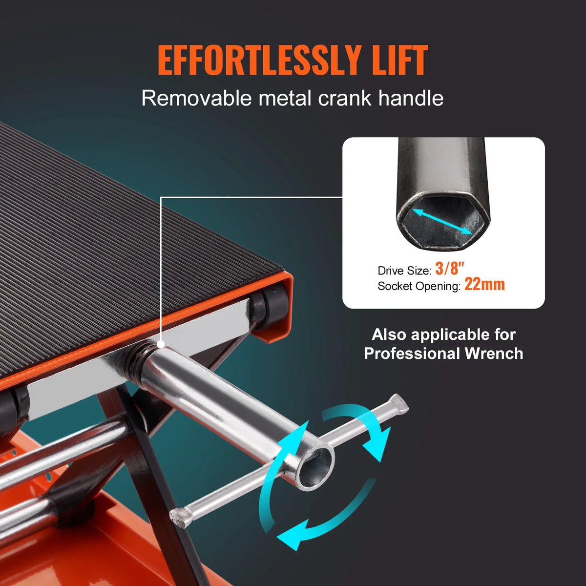 Close up of removable metal crank handle for motorcycle lift jack