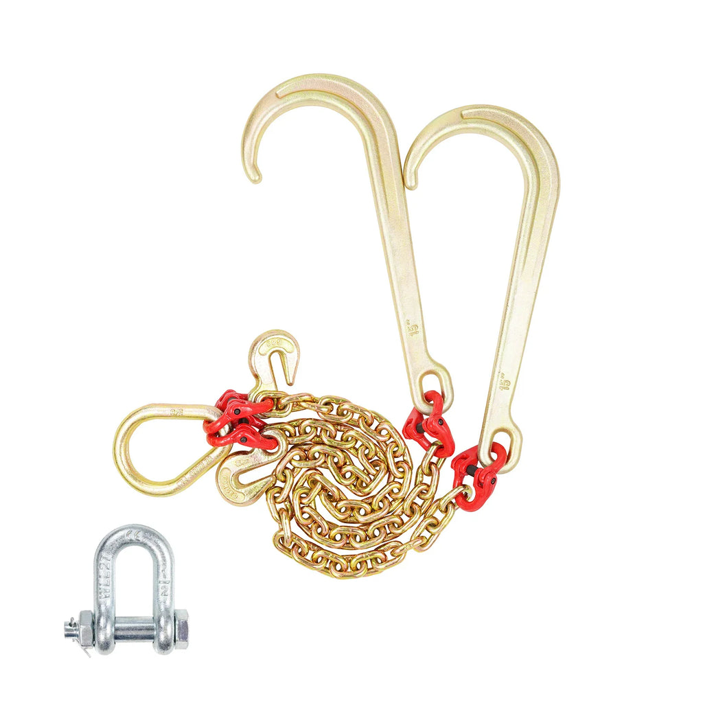 A set of towing chains with two large J-hooks and a small shackle on a white background