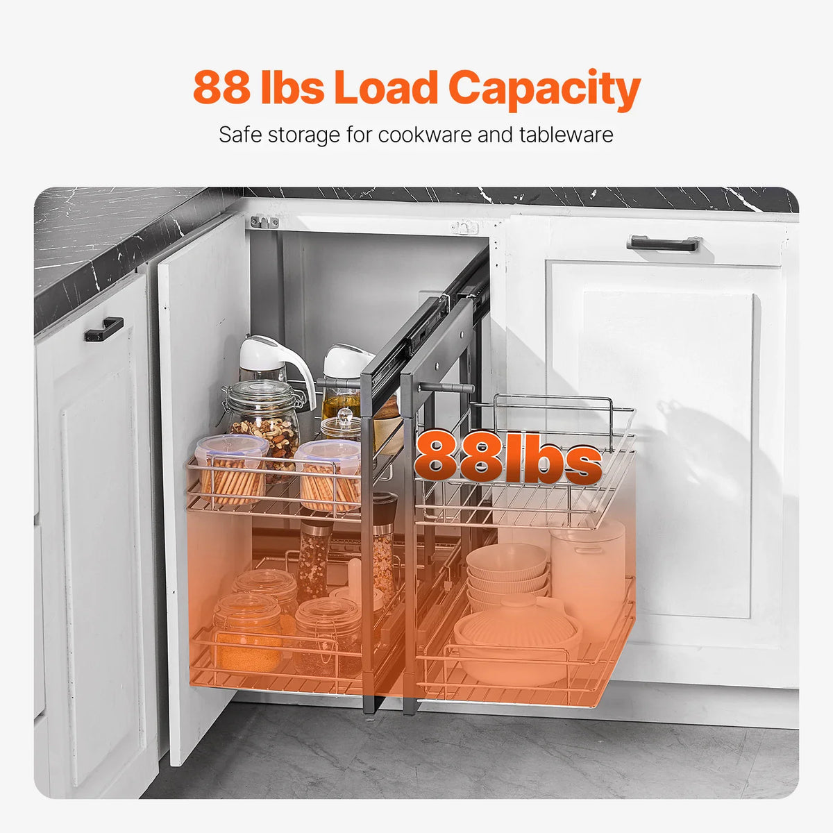 Pull-out kitchen corner storage unit highlighting its load-bearing capacity for heavy cookware